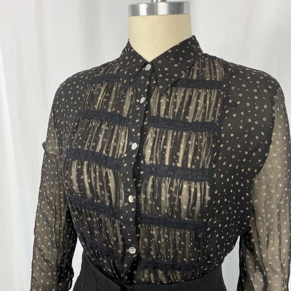 Vintage Y2K Edward elaborate sheer silk dandy ruffle black collar blouse large - Picture 2 of 5